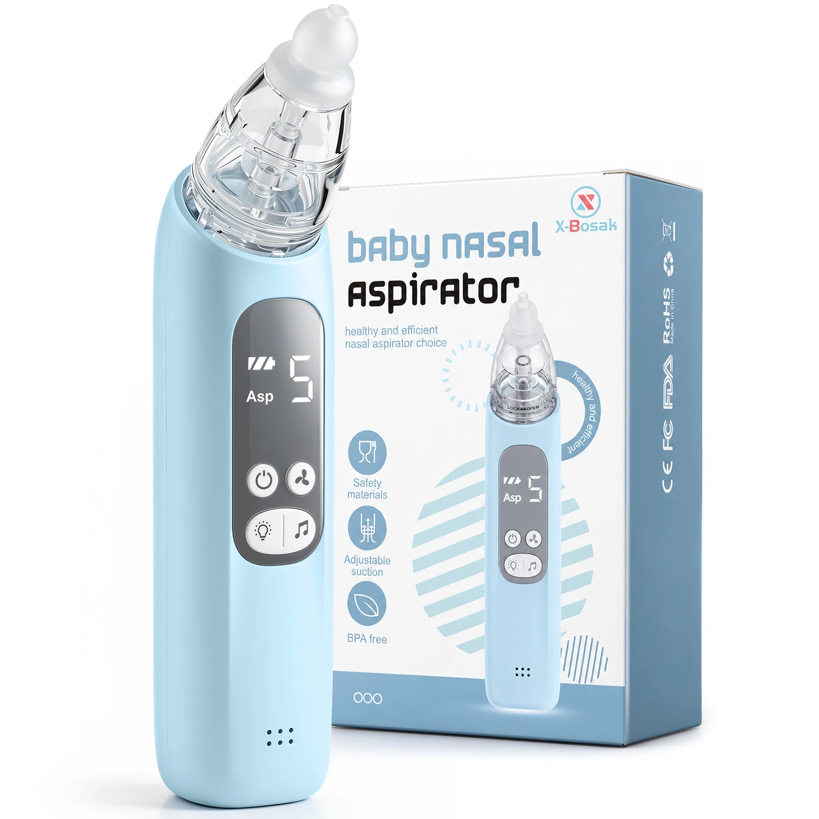 Blue X-Bosak electric baby nasal aspirator with silicone tip and retail box, shown in full